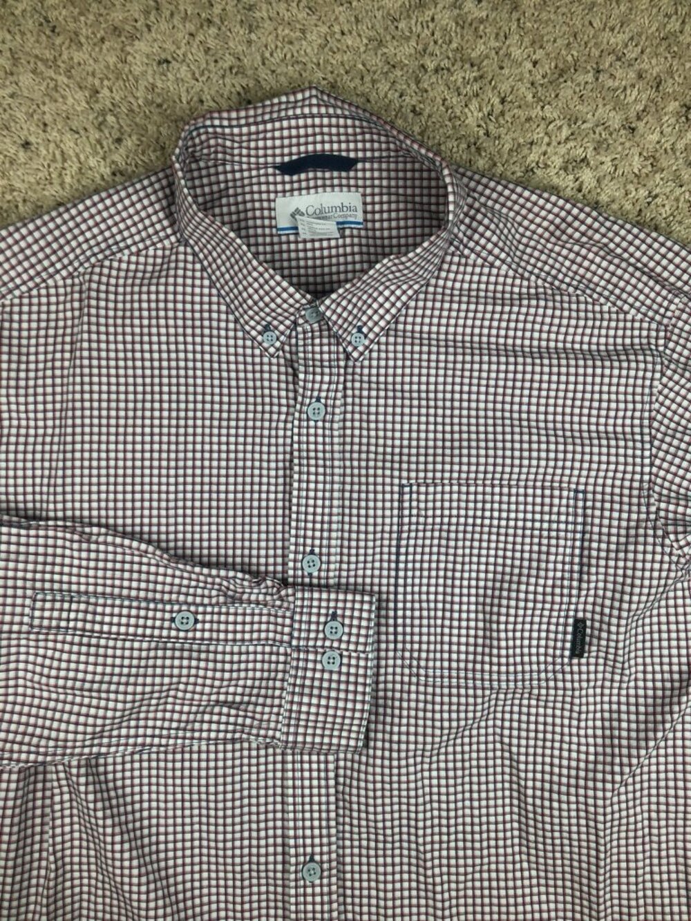 Columbia Shirt Mens XL Red White Blue Plaid Long Sleeve Button Up Outdoor Hiker